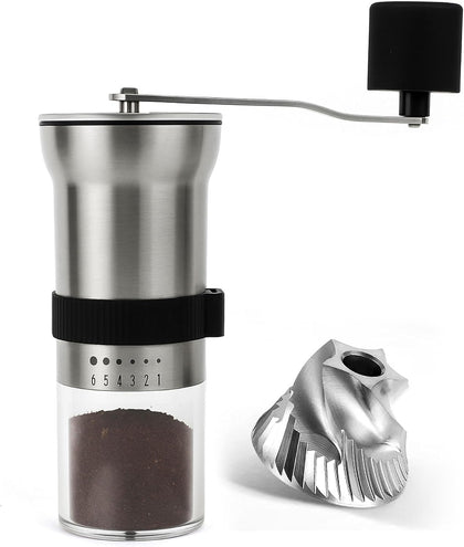 Manual Coffee Grinder with Stainless Steel Burr - 1.12oz Capacity Handheld Mill for Espresso, Drip, Cold Brew with 6