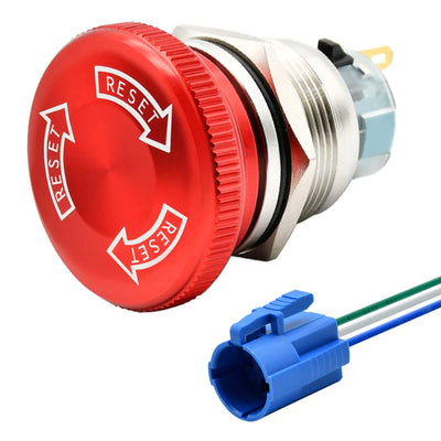 22mm Latching Emergency Stop Push Button Switch SPDT Mushroom Stianless Steel 304 5Amp 5V- 250V DC/AC 7/8" with Socket Normally Open, Normally Closed
