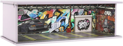 1/64 Scale Diorama Garage Display Case for Die-cast Model Cars | Acrylic Cover, Storage with 6-Space Scene Parking