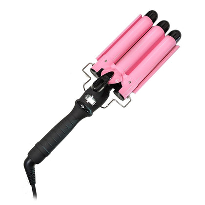 Three Barrel Curling Iron Wand with LCD Temperature Display - 1 Inch Ceramic Tourmaline Triple Barrels, Dual Voltage