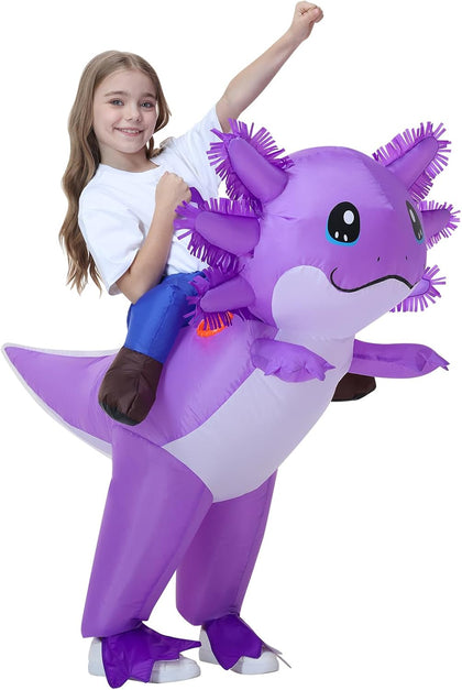 Kids Inflatable Axolotl Costume for Kids Purple Blow Up Ride-On Costumes Halloween Cosplay Outfit for Girls and Boys