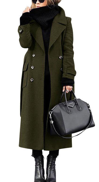 Women's Winter Double Breasted Wool Coat Business Casual Long Winter Pea Coat with Belt (Large, Army Green)