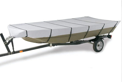 300D Trailerable Jon Boat Cover 16 ft 75 in Beam Gray | 13-piece strap set, buckle ends, built-in shock cord, storage