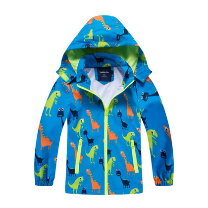 Waterproof Hooded Jacket for Boys Girls,Kids Raincoats Outdoor Windbreaker Dinosaur Rain Jacket (Blue,3T)