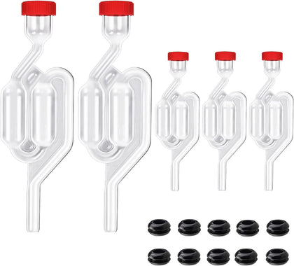 5Pack Fermentation Airlock,Twin Bubble Fermenting Improved High Transparency S Shape with 10pcs Grommets Drilled