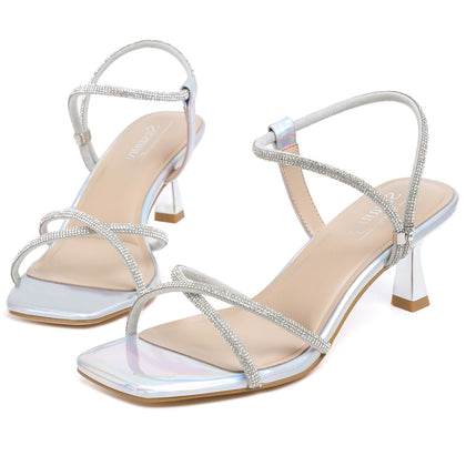 Womens Silver Kitten Heels Rhinestone Open Square Toe Strap Low Heel Shoes 9.5