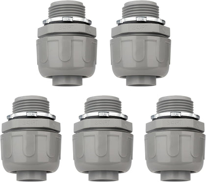 Conduit Connectors, 3/4 Inch, Straight, Grey, 5-Pack | Liquid Tight Connector, NPT, Non-Metallic