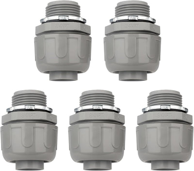 Conduit Connectors, 3/4 Inch, Straight, Grey, 5-Pack | Liquid Tight Connector, NPT, Non-Metallic