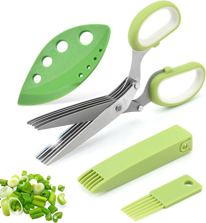 Herb Scissors Set,Multipurpose 5 Blade Kitchen Herb Cutter with Safety Cover and Cleaning Comb for Cutting Shredded