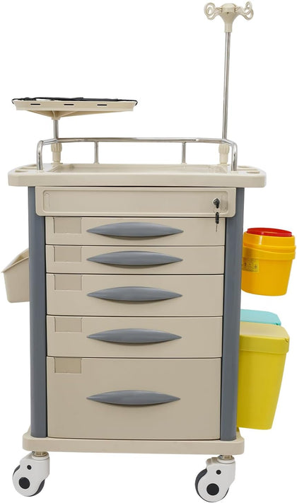 Medical Rolling Crash Cart with Accessories-CPR Board, 2 Trash Bin, Drawers with Dividers, Mobile Medical Cart for
