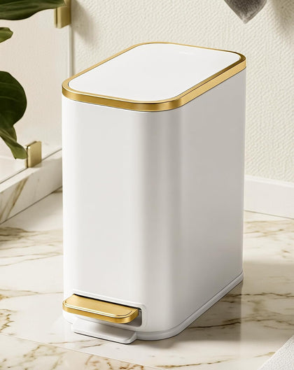 Small Bathroom Trash Can with Gold Grimmed Lid & Pedal, 1.3Gal, White | Soft Close Lid, Removable Inner Bucket, Slim