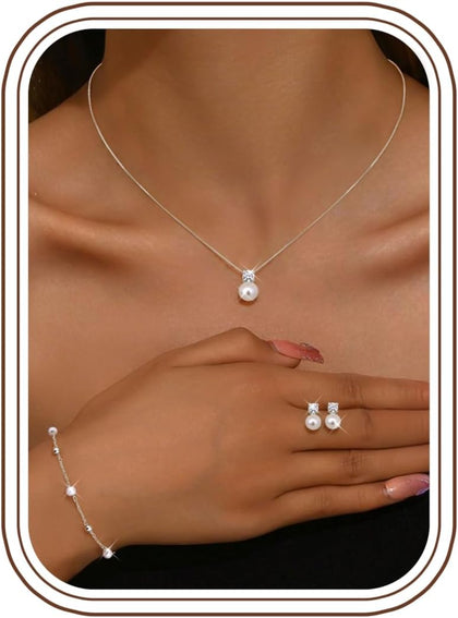 Pearl Jewelry Set for Women Wedding, Dainty 14K Gold/Silver Plated Bridal Necklace Pearl Drop Earrings Bracelet Set