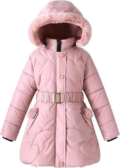 Girl Winter Dress Coats Hooded Fleece Jacket Kid Padded Heavy Parka | Elasticized Waist Belt; Warm Quilted Thick