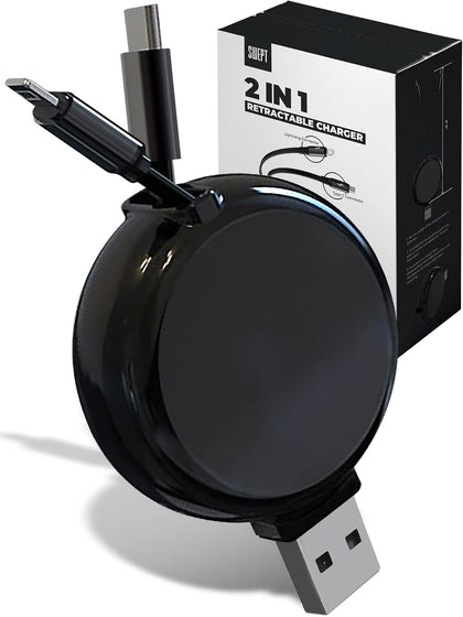 2-in-1 Retractable Charger for Car iPhone and Android, Wall Outlet or PC | Modern Car Charger Retractable Cord | 15W