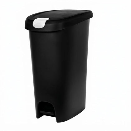 Kitchen Trash Can, 12 Gallon Plastic Slim Step Garbage Bin with Locking Foot Pedal Lid, Hands-Free Black Trash Can