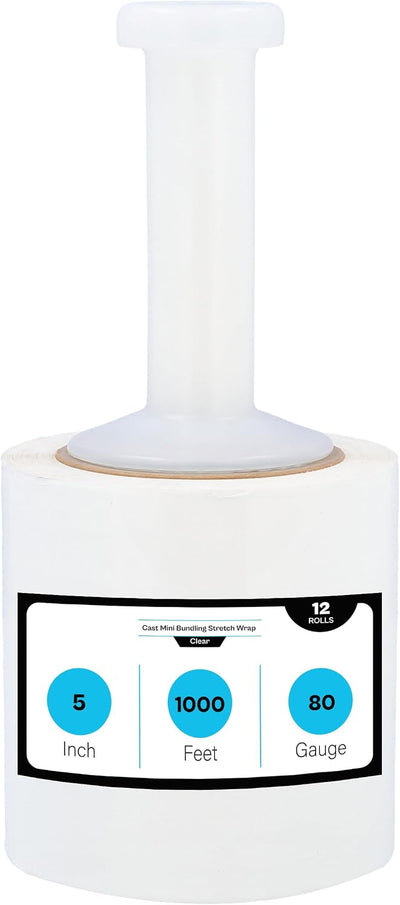 Mini Stretch Wrap with Handle, 12 Pack, 5 Inch x 1000 Feet, 80 Gauge, Clear, Small Plastic Cling Film for Pallets