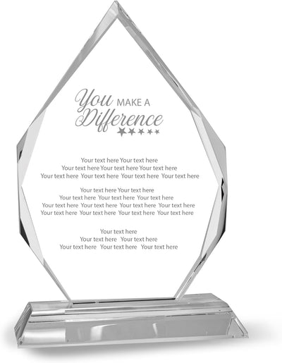 7" Diamond Crystal You Make a Difference Award, Custom Engraved Crystal Award Plaque for Employee Service
