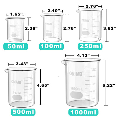 Glass Measuring Beaker Set 50ml 100ml 250ml 500ml 1000ml(Pack of 5) | 3.3 Borosilicate Material, Griffin Low Form