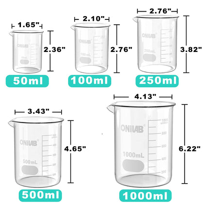 Glass Measuring Beaker Set 50ml 100ml 250ml 500ml 1000ml(Pack of 5) | 3.3 Borosilicate Material, Griffin Low Form