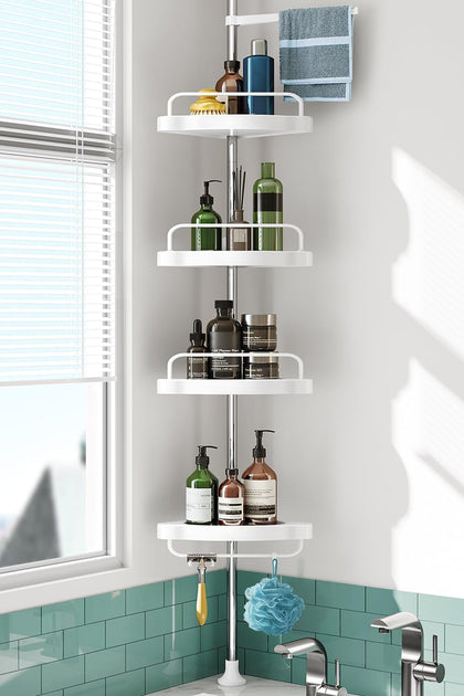 Corner Shower Caddy Tension Pole: Rust Proof 4Tier Shampoo Storage Organizer for Inside Shower - Telescoping Rod