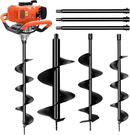 62cc Post Hole Digger Gas Powered Earth Auger Digger | 3 Drill Bit 3" & 5" & 8" and 3 Extension Rods 24" 24" 24" for