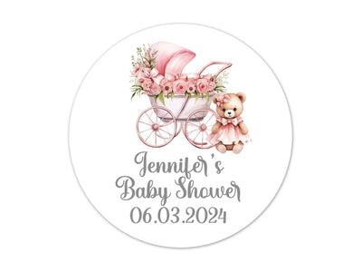 Baby Shower Thank You Stickers 3 inch Round, Pack of 30 Pink Baby Carriage Labels for Favor Bags and Boxes - BB32
