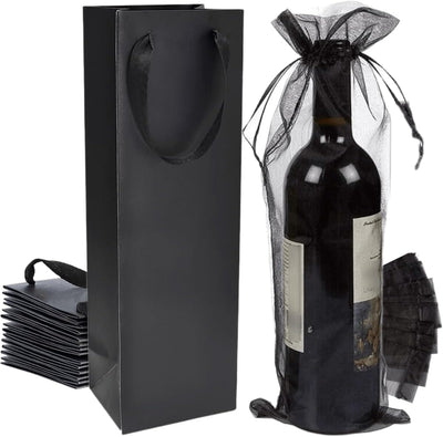 60Pack Black Wine Gift Bags with Black Organza Wine Bottle Bags
