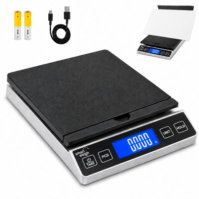 Digital Shipping Scale, 88 lb / 40 kg Capacity, PCS Counting, 0.3 oz Readability, Tare, Hold, USB-C & Batteries