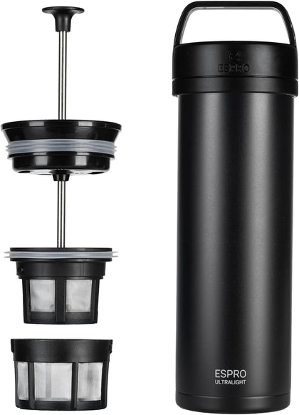 Go P0 Ultralight French Press Coffee Maker for Travel, Vacuum Insulated Stainless Steel, 16 Ounces, Matte Meteorite