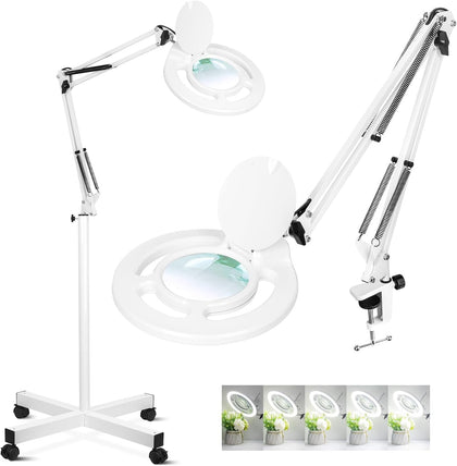 2200 Lumens Esthetician Magnifying Light with Rolling Wheels Base | 12X Real Glass, 144 Bright LED, Stepless