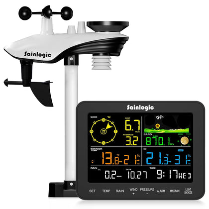 Wireless Home Weather Station with Rain Gauge, Monitors Indoor Outdoor Temperature, Humidity, Pressure, Forecast