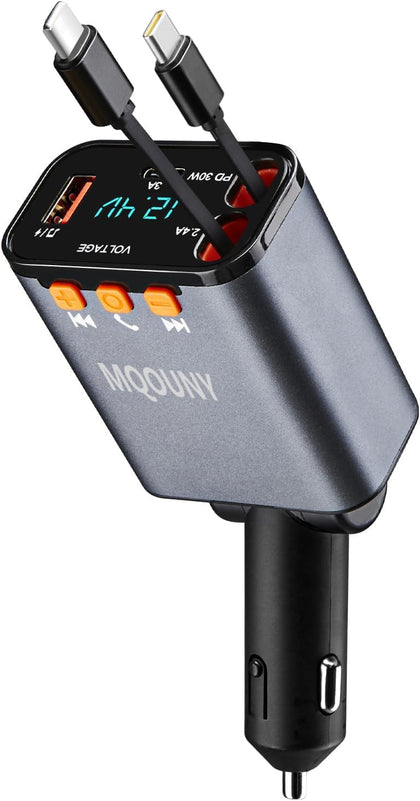 Retractable Car Charger,5 in 1 Fast Cars Phone Charger 60w,Bluetooth 5.3 FM Transmitter Adapter,Handsfree Call,MP3