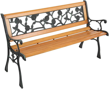 Outdoor Hardwood Garden Bench 49-Inch Patio Park Bench Elegant Porch Deck Loveseat w/Cast Iron Frame and Rose Pattern