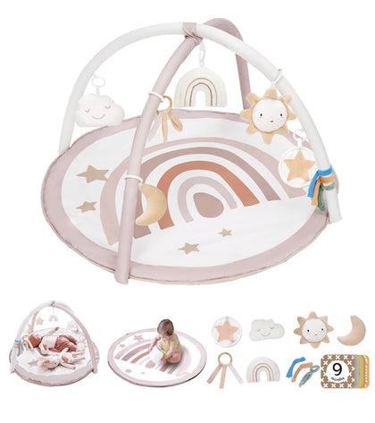 Baby Play Gym Mat, Tummy Time Activity Mat with 7 Detachable Toys and 12 Milestone Cards for Stage-Based Sensory and