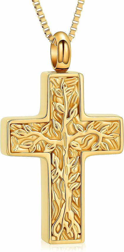 Cross Urn Necklace for Ashes for Women Men Tree of Life Cross Cremation Jewelry Keepsake Pendant for Ashes of Loved One
