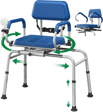 FSA/HSA Eligible Sliding Shower Chair Tub Transfer Bench for Bathtub with Swivel Seat, Padded Shower Bench with