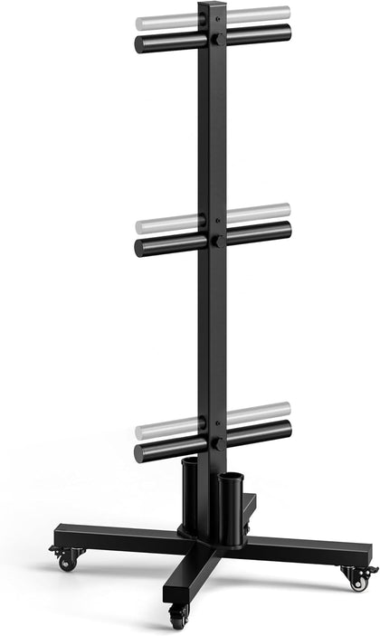 Movable Olympic Weight Plate Tree with 6 Metal Pegs | Fits 1" & 2" Weight Plates, Heavy Duty Storage Rack with
