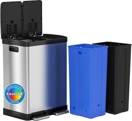 60 Liter / 16 Gallon Rectangular Dual Compartment Kitchen Trash Can & Recycling Bin, Odor Filter, Soft-Close