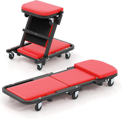40" Z Garage Creeper, 2-in-1 Folding Creeper with Padded Seat & 6 Wheels, Low Profile Mechanic Creeper Seat