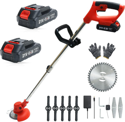 Cordless Weed Eater, Lightweight String Trimmer Edger, Red | Adjustable Shaft, 2 Batteries, 4 Blades, 6-Inch