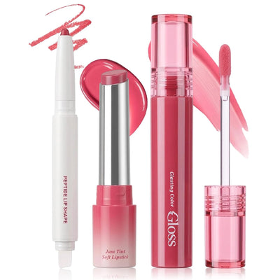 3PCS Lip Combo Set, Nude Lip Kits with Lip Liner, Hydrating Balm Lipstick and Plumping Glossy Gloss, Long-Lasting