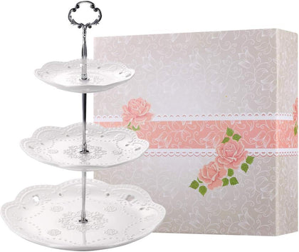 3-Tier Porcelain Cupcake Stand Serving Tray - White Embossed Elegant Dessert Cake Stand - Pastry Serving Stand for