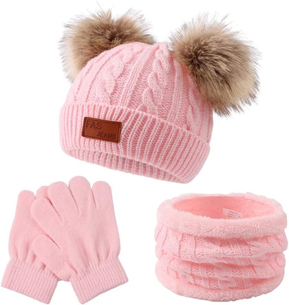 Kids Winter Beanie Hat Scarf Gloves Set Knit Warm Toddler Winter Cap Gloves Neck Warmer for Boys Girls 1-8 Year