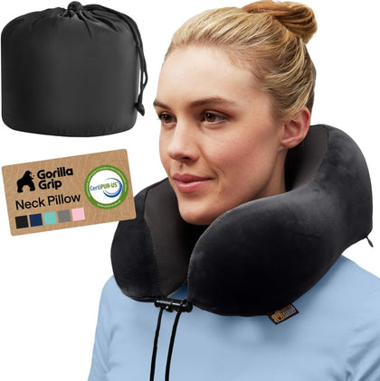 Travel Neck Pillow for Airplanes, CertiPUR-US Memory Foam Cooling Mesh Pillows, Soft Velvet Washable Cover, Support