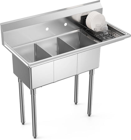 Commercial Sink, Stainless Steel with 3 Compartment and Right Side Drainboard, 43.9" x 20" x 43.3" Freestanding