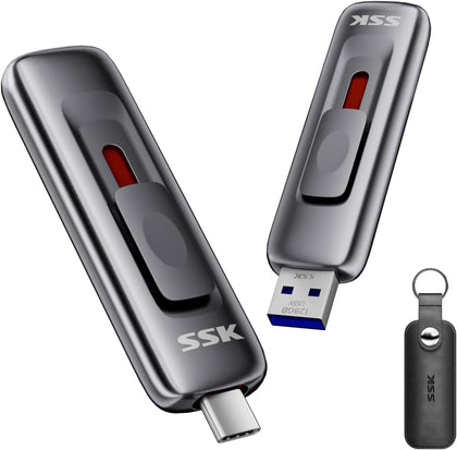 USB Drive 128GB up to 550MB/s External SSD USB C+A 3.2 Thumb Drive | SMART & TRIM,Dual Ports,Metal,Push-pull