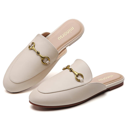 Buckle Mules for Women Round Toe Backless Flat Mules Slides Mules Shoes Ladies Slip-on Loafers