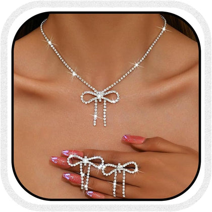 Silver Jewelry Sets Rhinestone Bow Necklace Earrings Set Prom Fashion Costume Jewelry Sets for Women