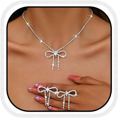 Silver Jewelry Sets Rhinestone Bow Necklace Earrings Set Prom Fashion Costume Jewelry Sets for Women