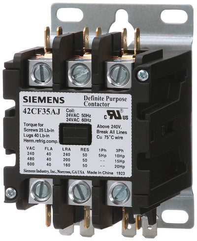 Siemens 42CF35AG Definite Purpose Contactor, 3-Pole, 40 Amp, 208-240V AC Coil Voltage